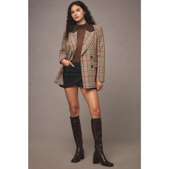 New Anthropologie XS Double-Breasted Elbow-Patch Plaid Jacket Blazer Riding - Picture 1 of 5